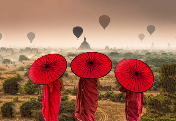 Monks look over Bagan Temple Valley